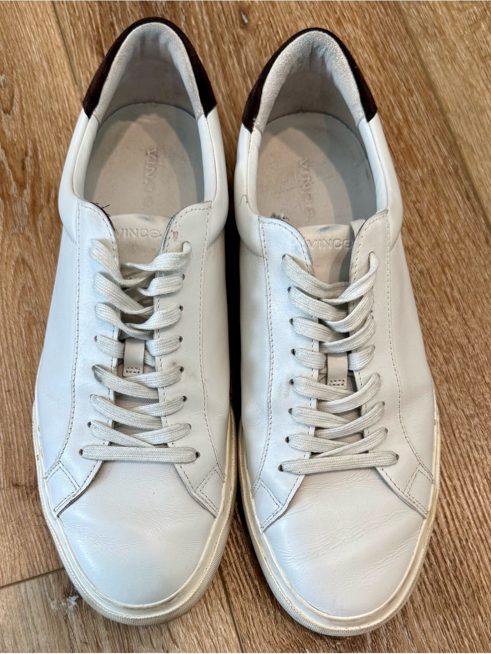 Vince White Leather Low-Top Sneakers with Brown Heel